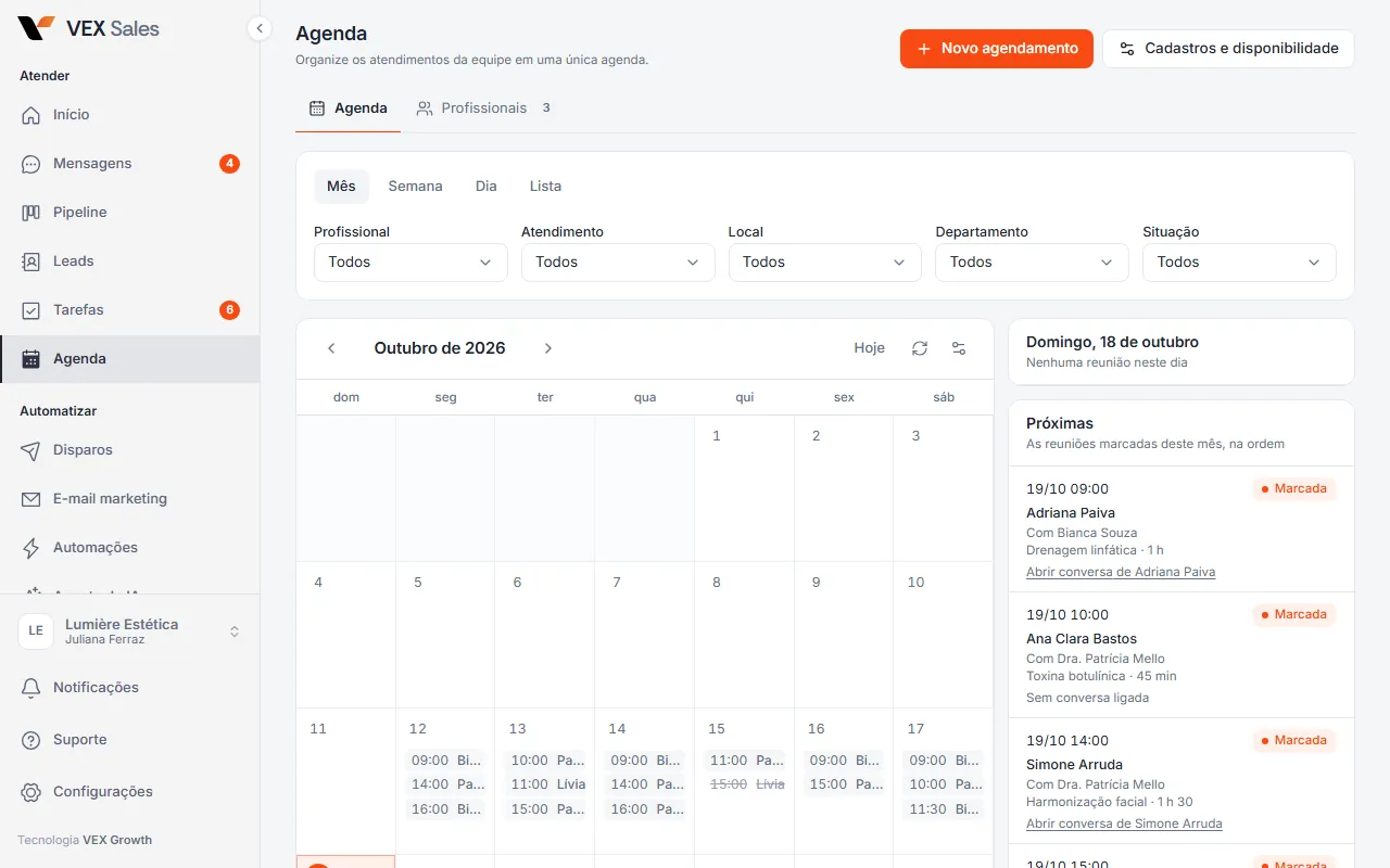 Tela Agenda do painel com as abas Agenda, Profissionais e Agendamento online e os horários da semana
