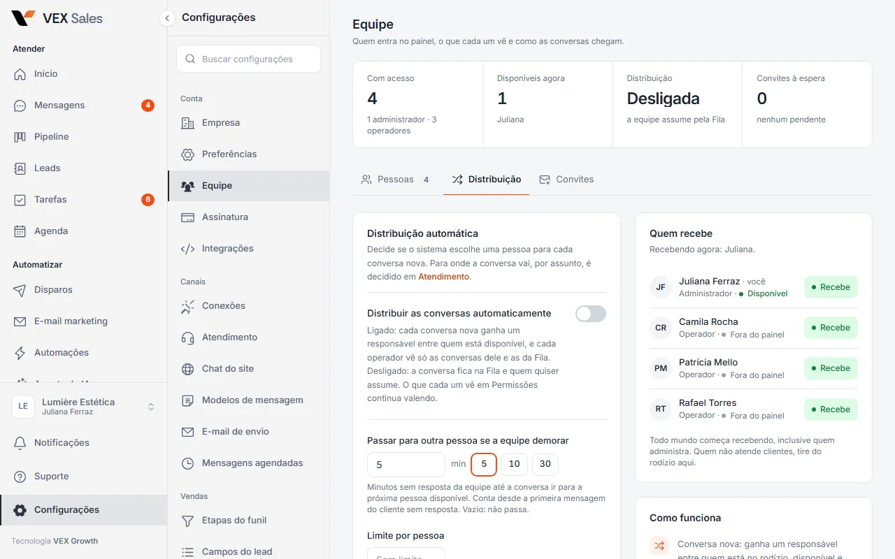 Tela Equipe > Distribuição com o interruptor de distribuição automática e os modos em rodízio e quem tem menos conversas