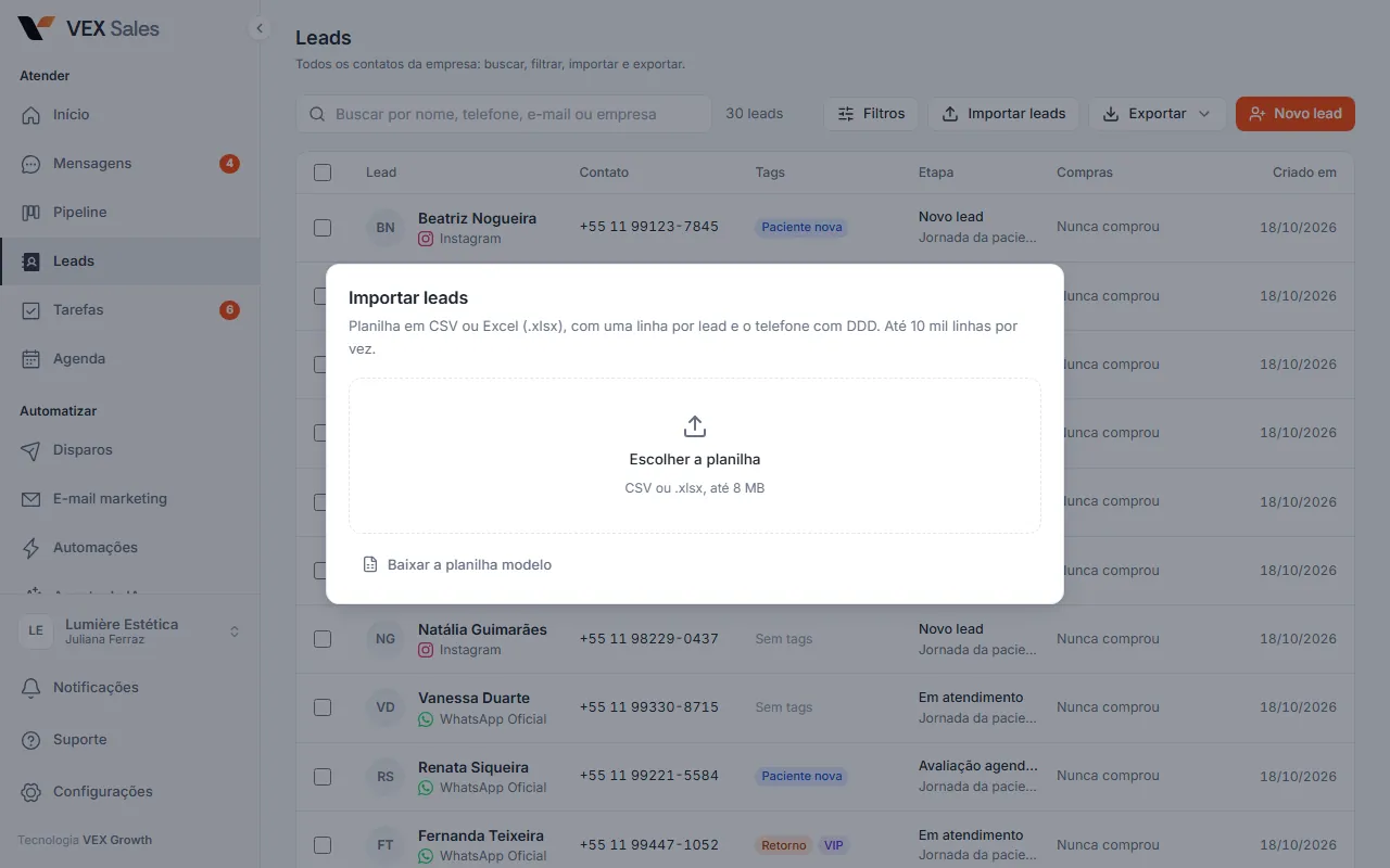 Tela de importar leads de uma planilha em CSV ou Excel para o CRM, com o mapeamento das colunas