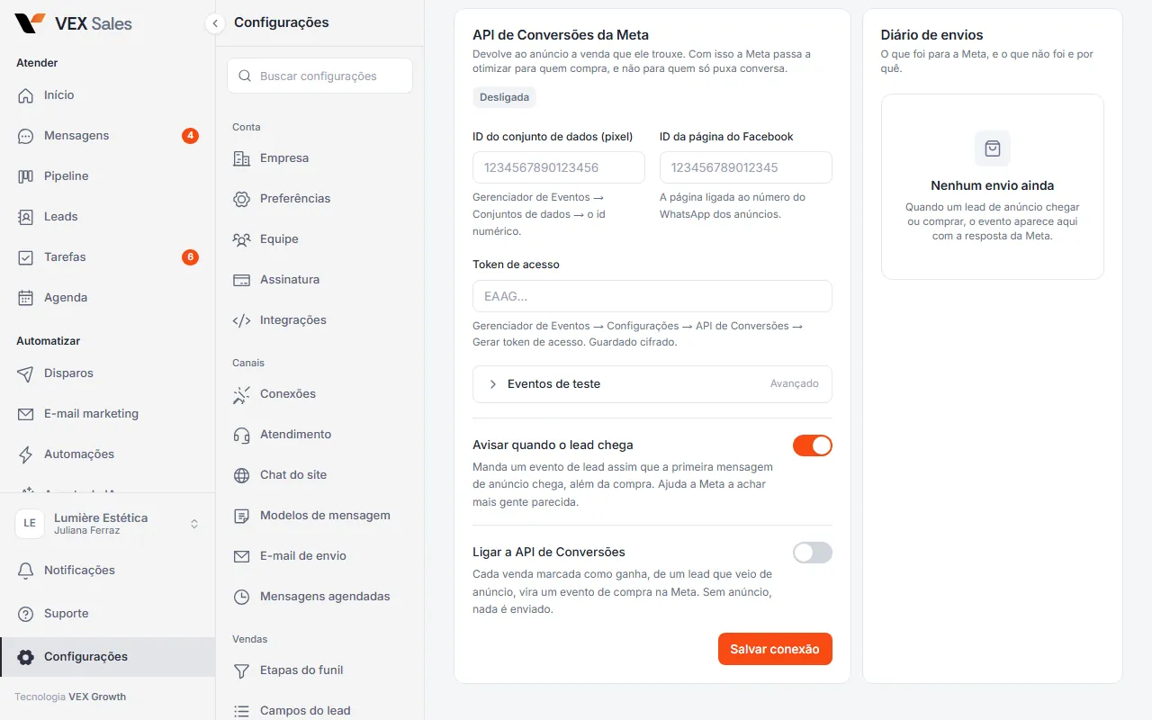Seção API de Conversões da Meta na tela Rastreamento do CRM, com os campos do pixel, da página e do token