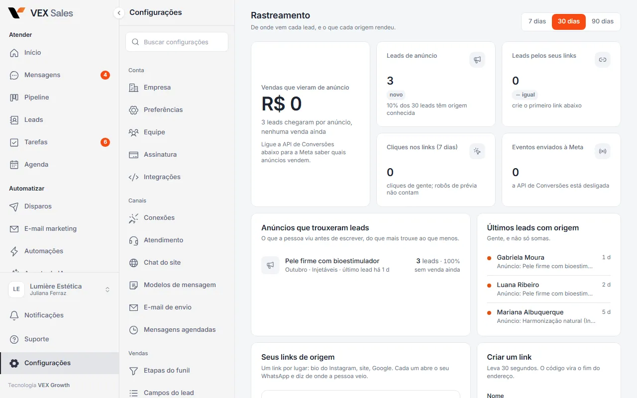Tela Rastreamento do CRM com os anúncios que trouxeram leads, as vendas e a receita de cada um