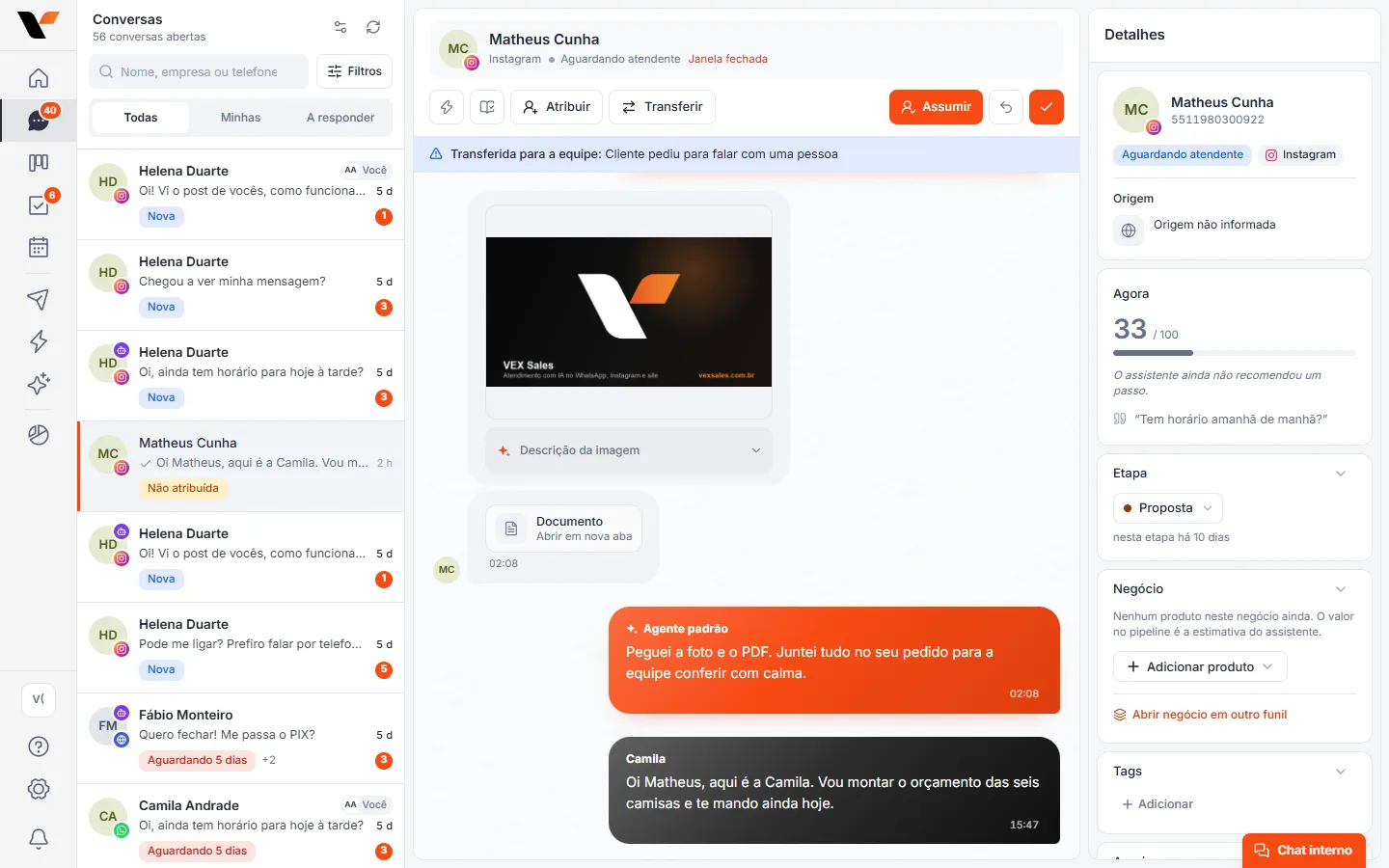 Caixa de conversas da VEX Sales com o Agente de IA respondendo clientes no WhatsApp