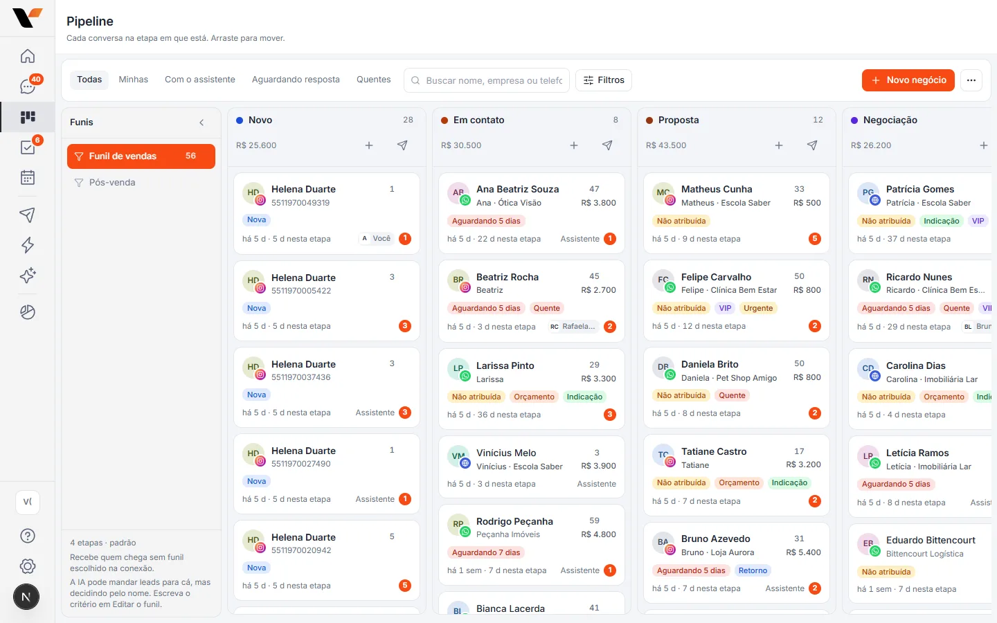 Funil de vendas da VEX Sales com as conversas do WhatsApp organizadas por etapa