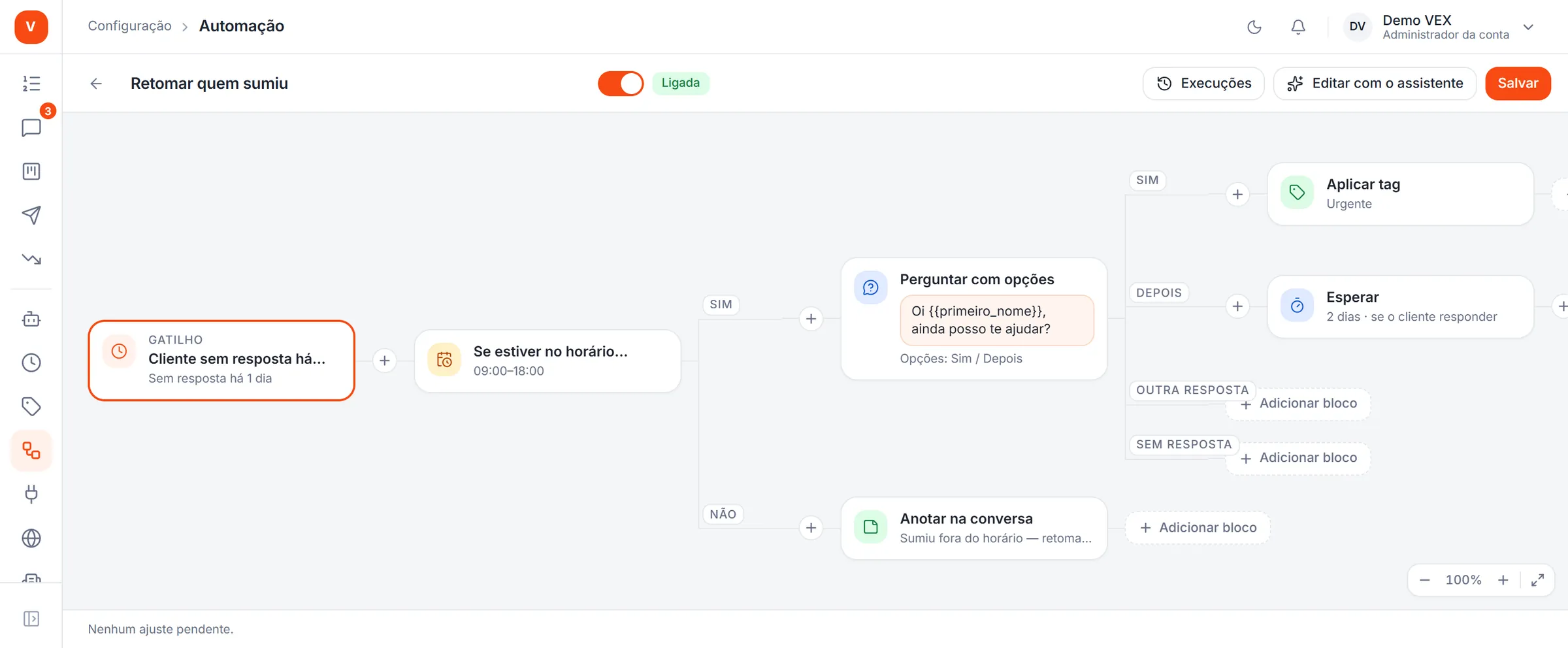 O editor de automações. Conta de demonstração.